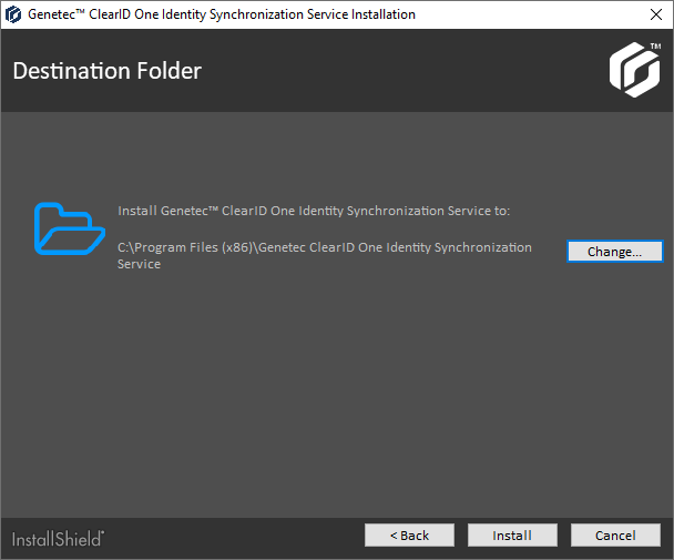 ClearID One Identity Synchronization Tool installation dialog showing destination folder settings.