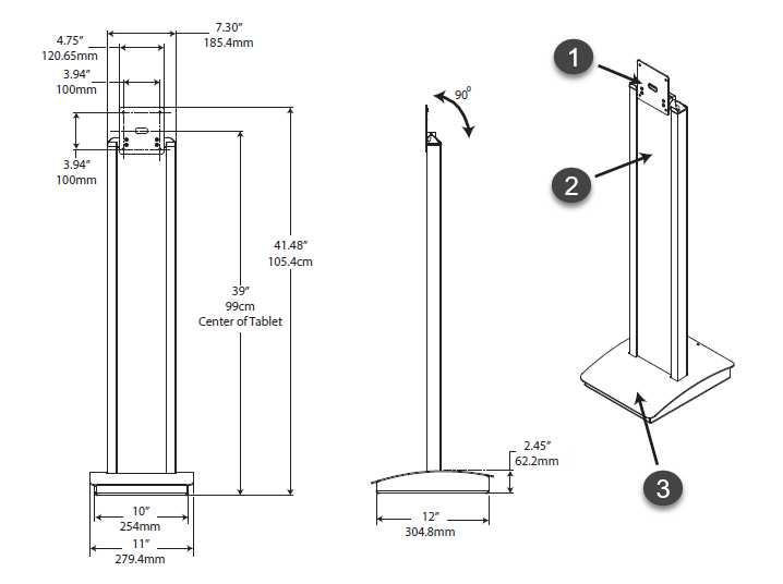 Diagram of the ClearID Self-Service Kiosk floor stand showing the height and footprint dimensions.