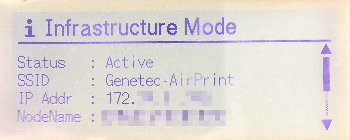 Brother QL-820NWB label printer LCD display showing the Infrastructure Mode menu including connection details and status.