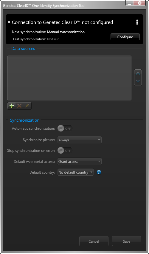 Genetec ClearID™ One Identity Synchronization Tool dialog showing connection information, data sources information, and synchronization settings.