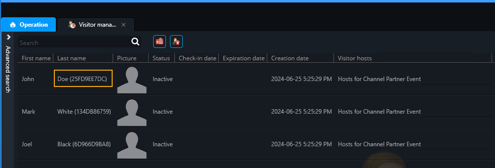 Visitor management task in Genetec Operation, with last name field with registration code highlighted.