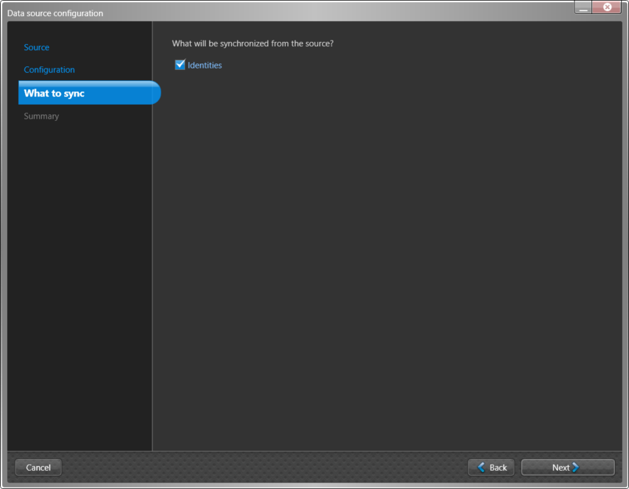 Data source configuration dialog in the ClearID One Identity Synchronization Tool showing What to sync page with the data synchronization checkbox selected.