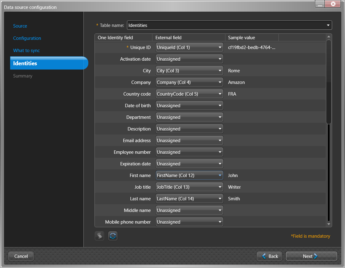 Data source configuration dialog in the ClearID One Identity Synchronization Tool showing the Identities page including One Identity fields. external fields, sample values, and global key settings.