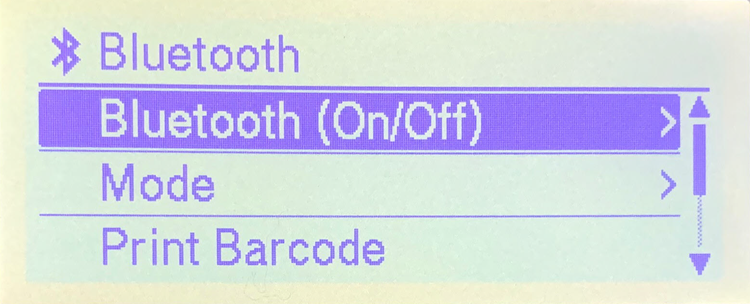 Brother TD-4550DNWB label printer LCD display Bluetooth menu with Bluetooth (ON/OFF) selected.