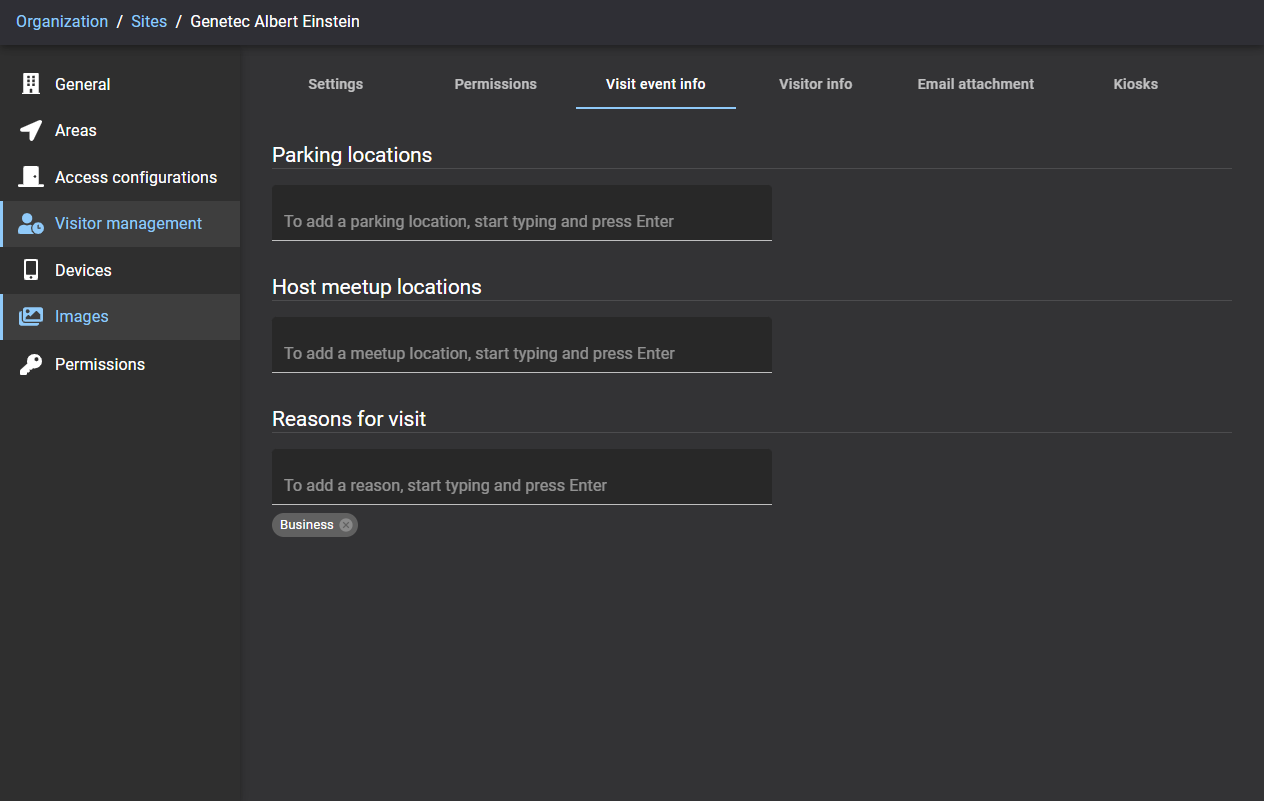 Visitor management for sites page in ClearID showing the Visit event info tab including Parking locations, Host meetup locations, and reasons for visit fields.