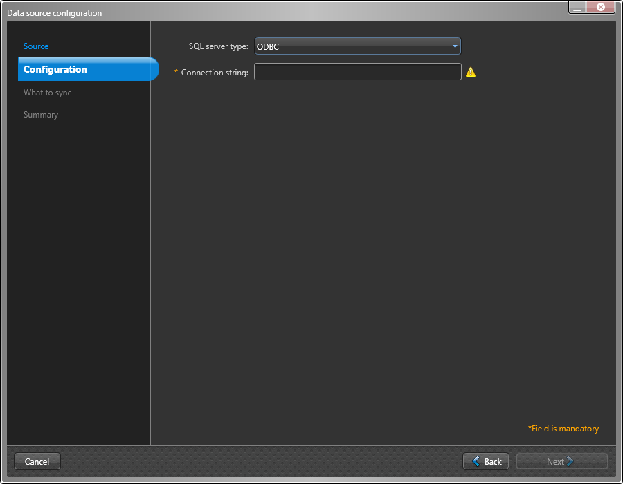 Data source configuration dialog in the ClearID One Identity Synchronization Tool showing Configuration settings page with ODBC selected.