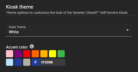 Kiosk theme section of the visitor management for sites page in ClearID showing the Kiosks theme and accent color options.