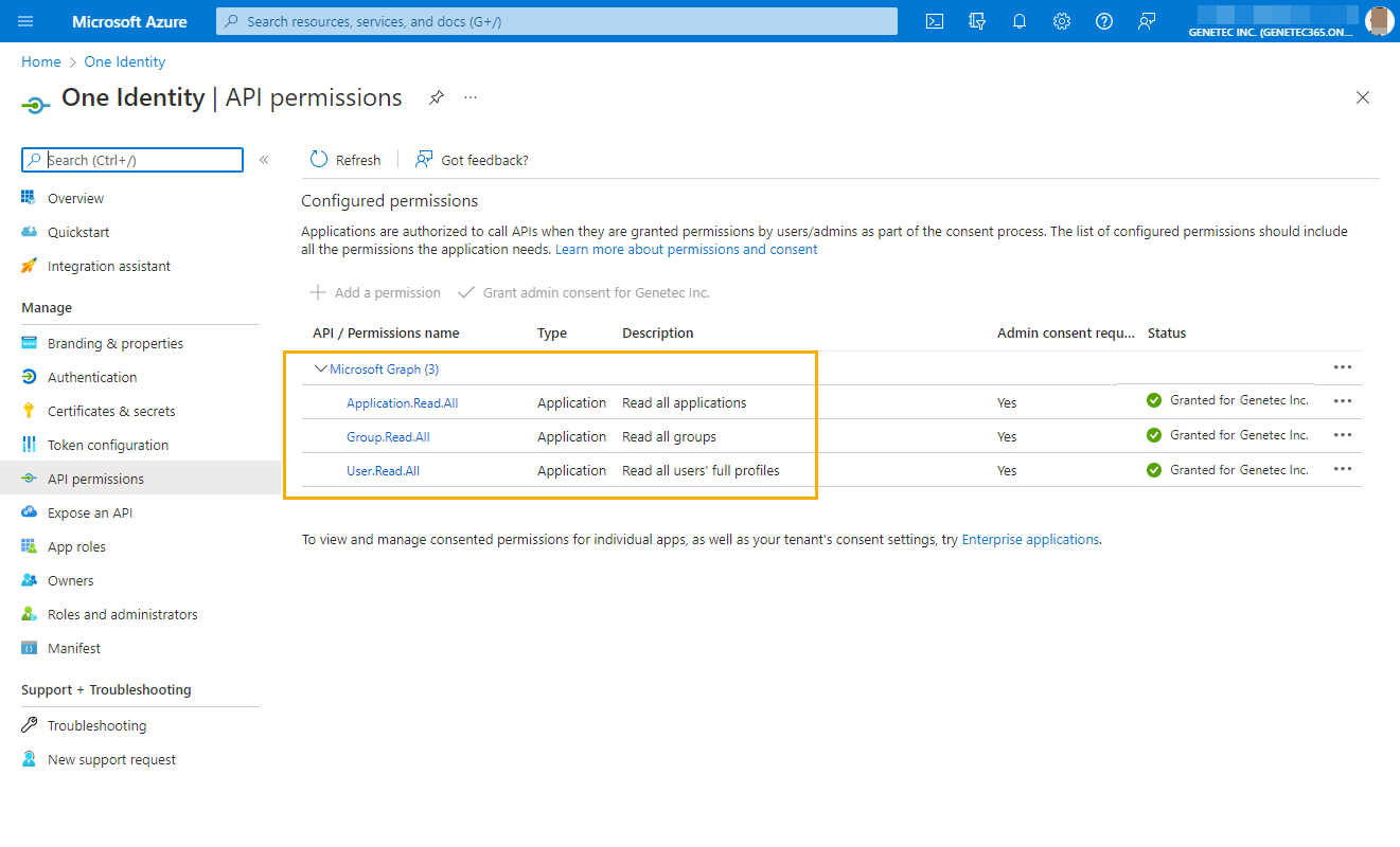 API permissions page in Microsoft Azure showing the One Identity application with the API permissions highlighted.