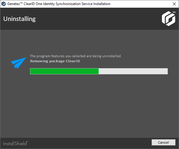 ClearID One Identity Synchronization Tool installation dialog showing progress status of the uninstall.