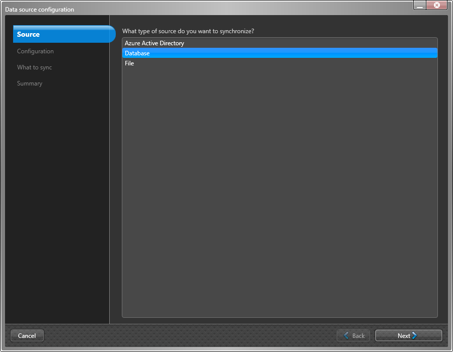 Data source configuration dialog in the ClearID One Identity Synchronization Tool showing Source settings page with Database selected.