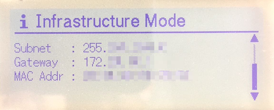 Brother QL-820NWB label printer LCD display showing the Infrastructure Mode menu including Subnet, Gateway, and MAC address connection details.