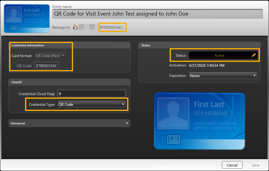 Credential information in Genetec Operation with Card format, Credential Type, and status highlighted.