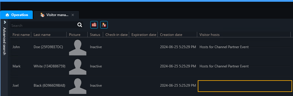 Visitor management task in Genetec Operation, with empty visitor hosts field highlighted.