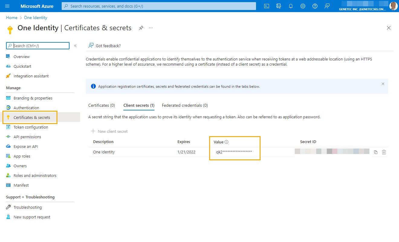 Certificates & secrets page in Microsoft Azure showing the One Identity application with the Client secret value highlighted.