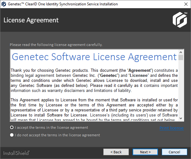 ClearID One Identity Synchronization Tool installation dialog showing Genetec™ Software License agreement settings.