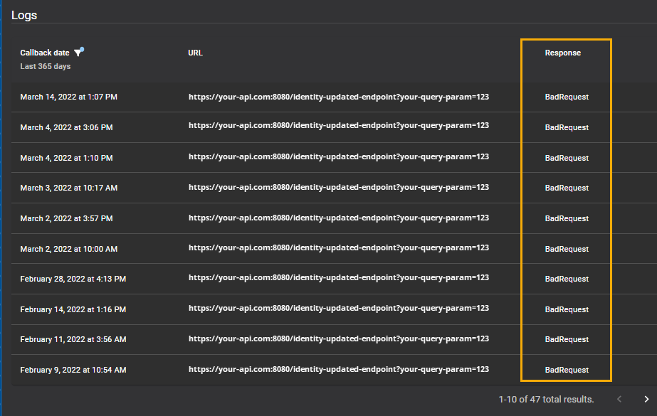 Logs section of the Webhook details page in ClearID showing logs for an active webhook including Callback date, URL, and BadRequest Response states.