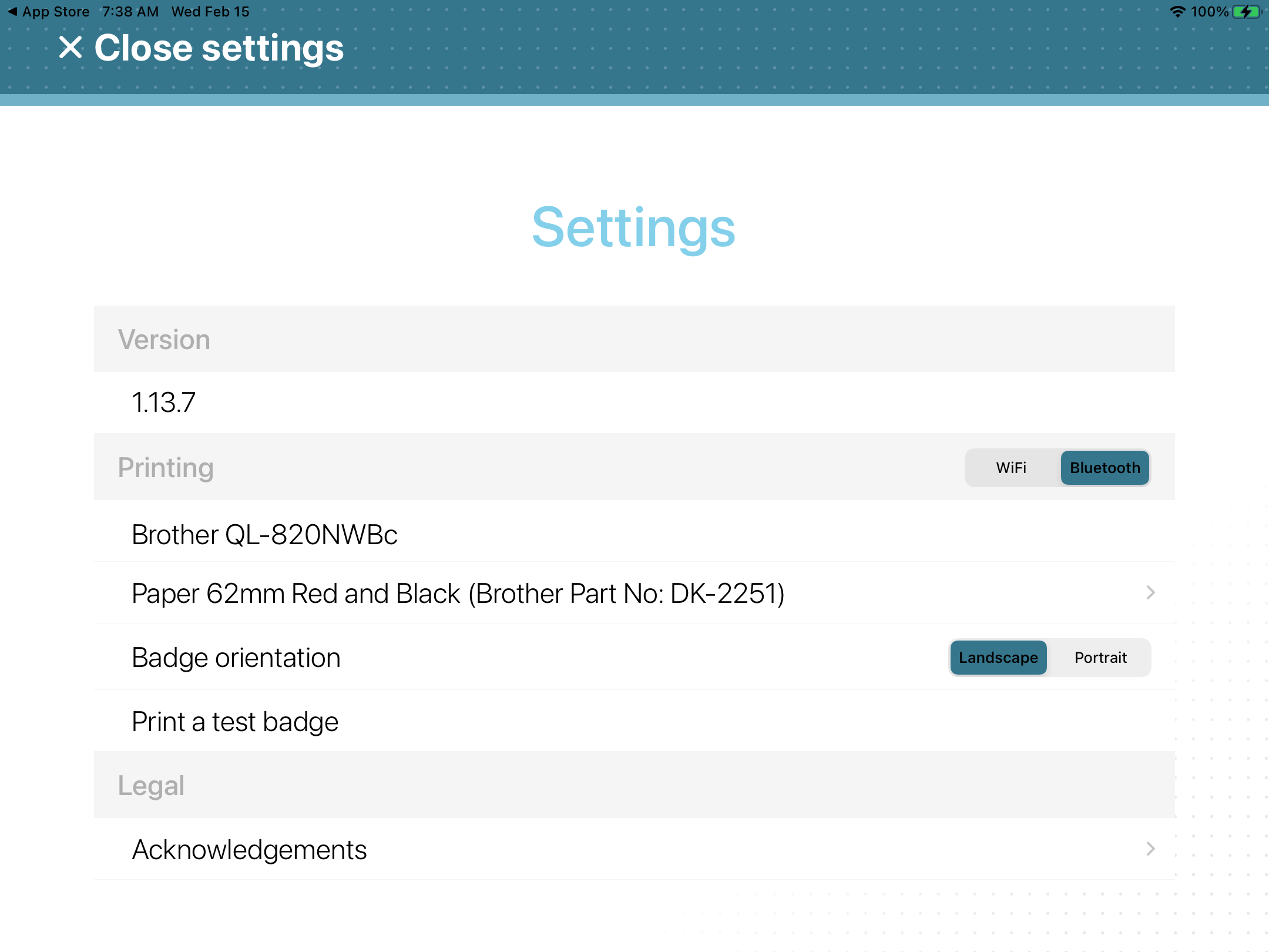 Settings page in the Self-Service Kiosk mobile app with the Bluetooth option selected and showing a printer paired with the device.