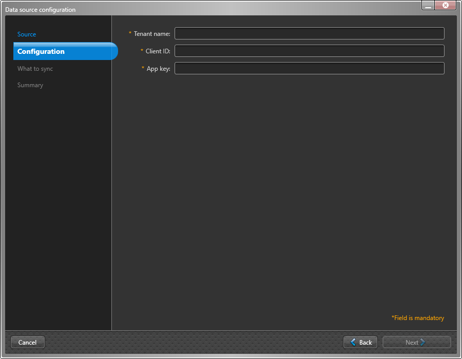 Data source configuration dialog in the ClearID One Identity Synchronization Tool showing Configuration settings page.