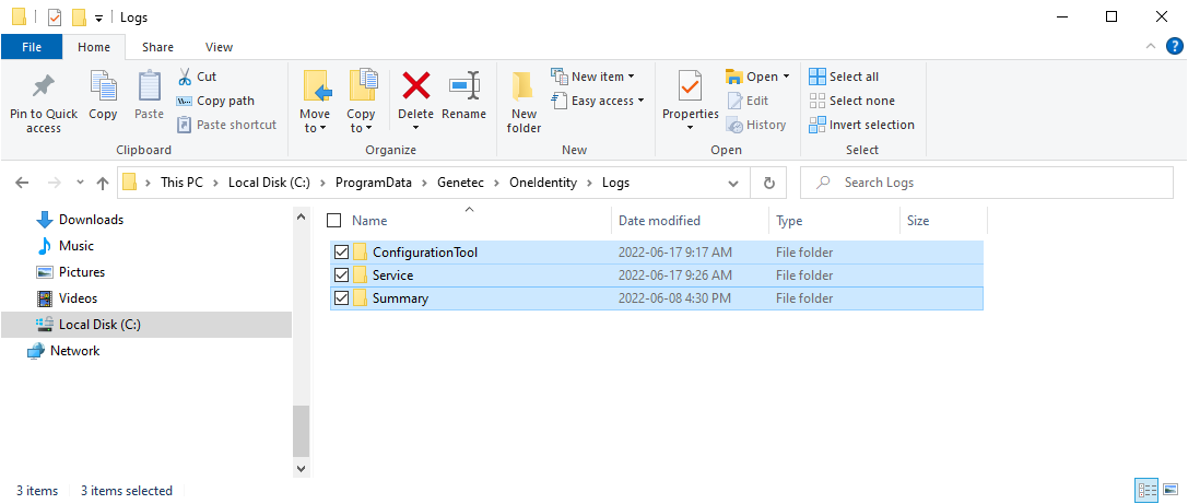 Windows explorer showing the One Identity logs location with all the Logs folders selected.