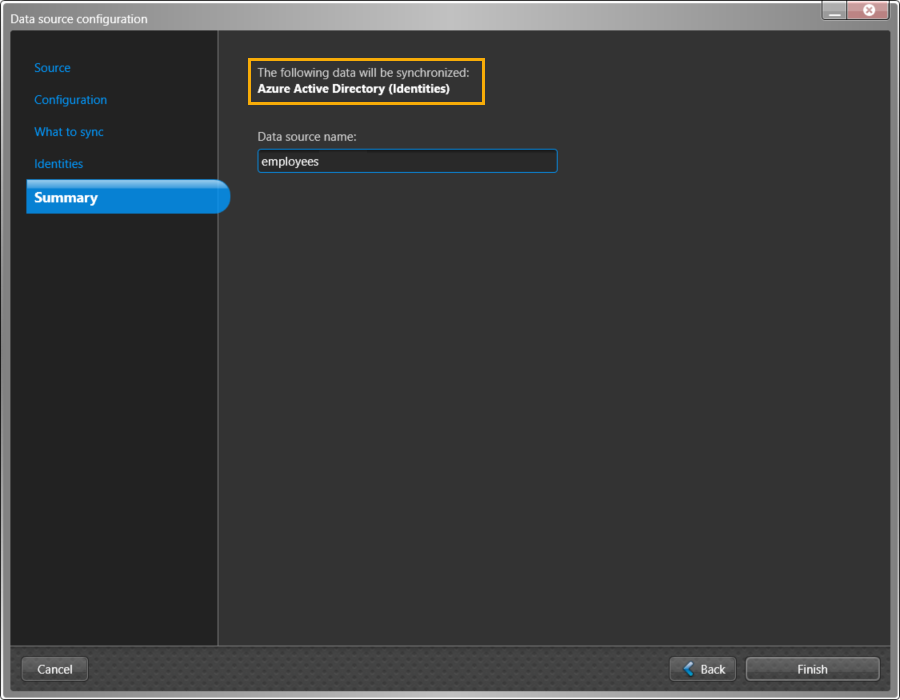 Data source configuration dialog in the ClearID One Identity Synchronization Tool showing the Roles page including One Identity fields. external fields, sample values, and global key settings.