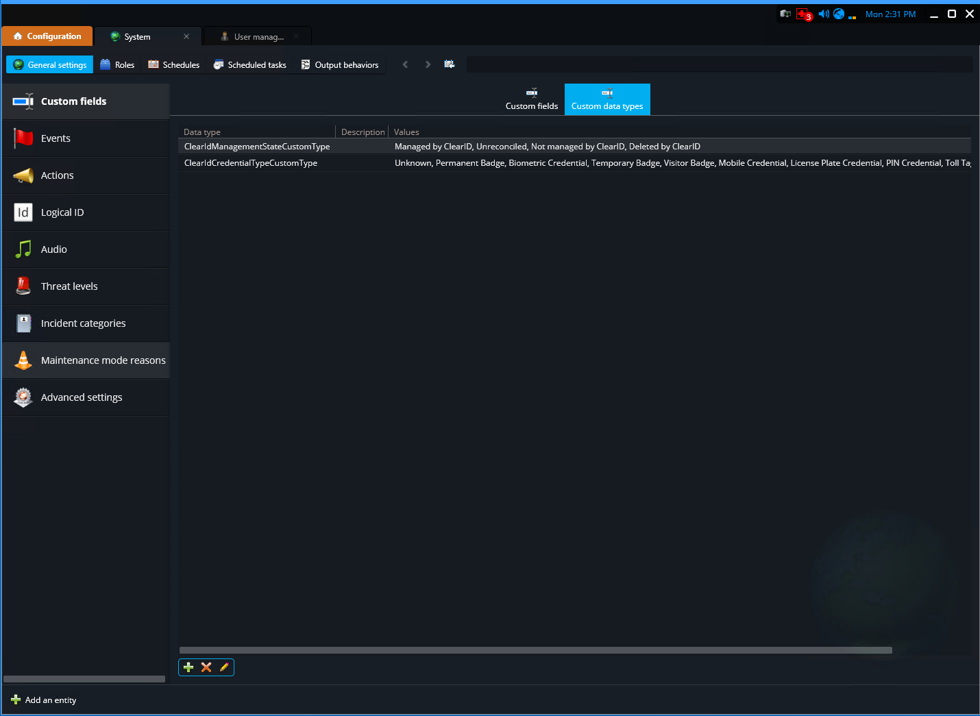 System task in Genetec Configuration showing the Custom data types page.