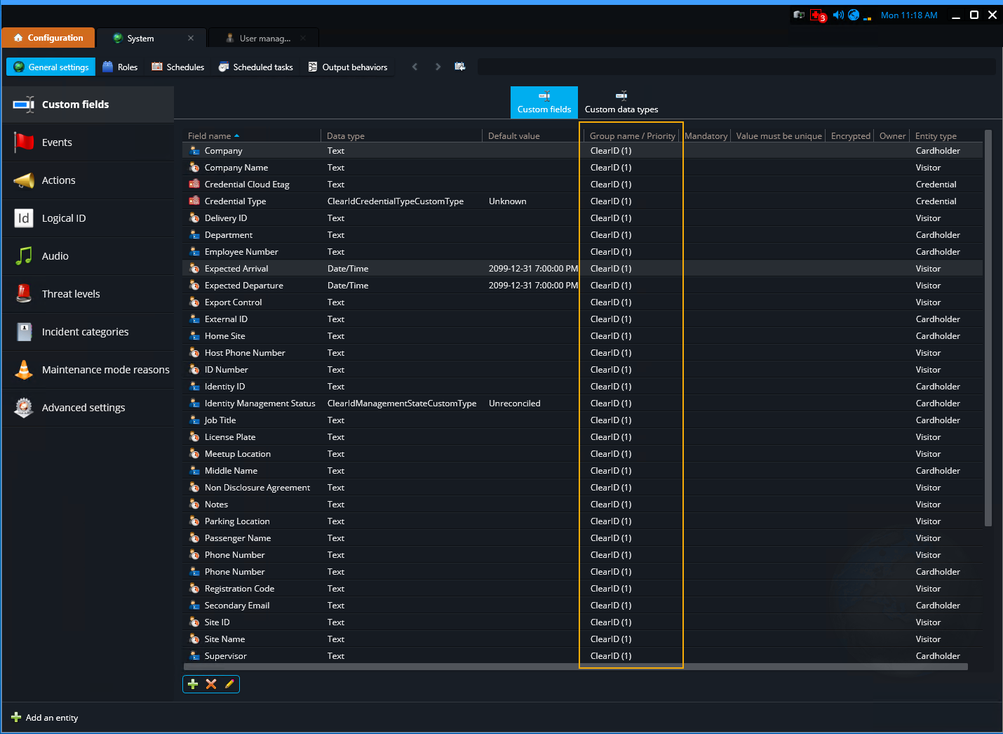 System task in Genetec Configuration showing the Custom fields page.