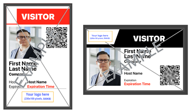 Visitor badge examples printed from the ClearID Self-Service Kiosk.