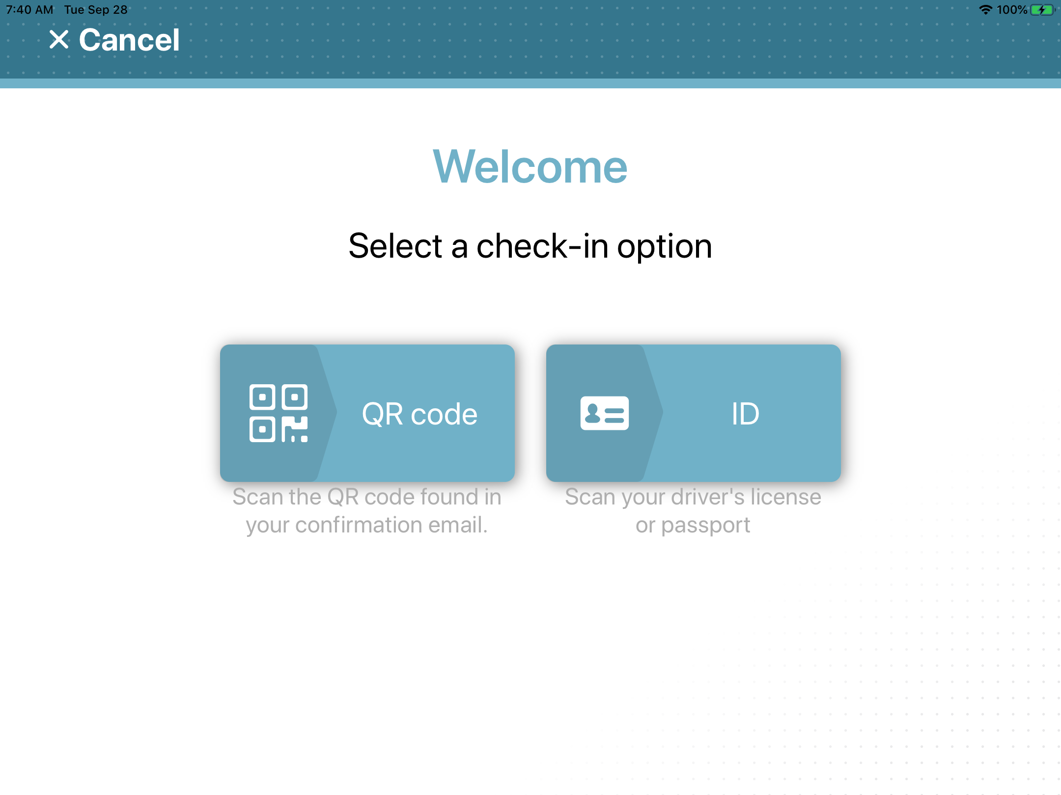 Welcome page in the Genetec ClearID Self-Service Kiosk showing two check-in options.