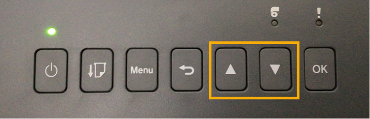 Brother TD-4550DNWB label printer LCD display controls with the up and down menu navigation buttons highlighted.