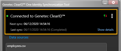 Genetec ClearID One Identity Synchronization Tool dialog with synchronization status information highlighted.