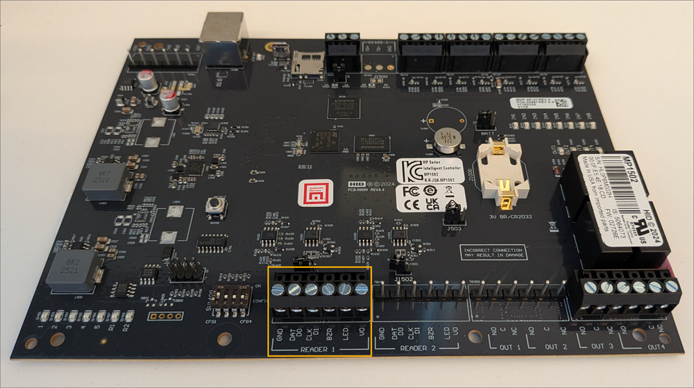 Mercury MP1502 controller board with wiring loom connections highlighted.