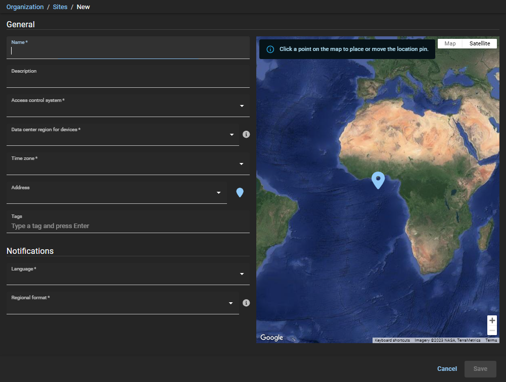 New site page in ClearID showing general site information for a new site with incomplete fields.