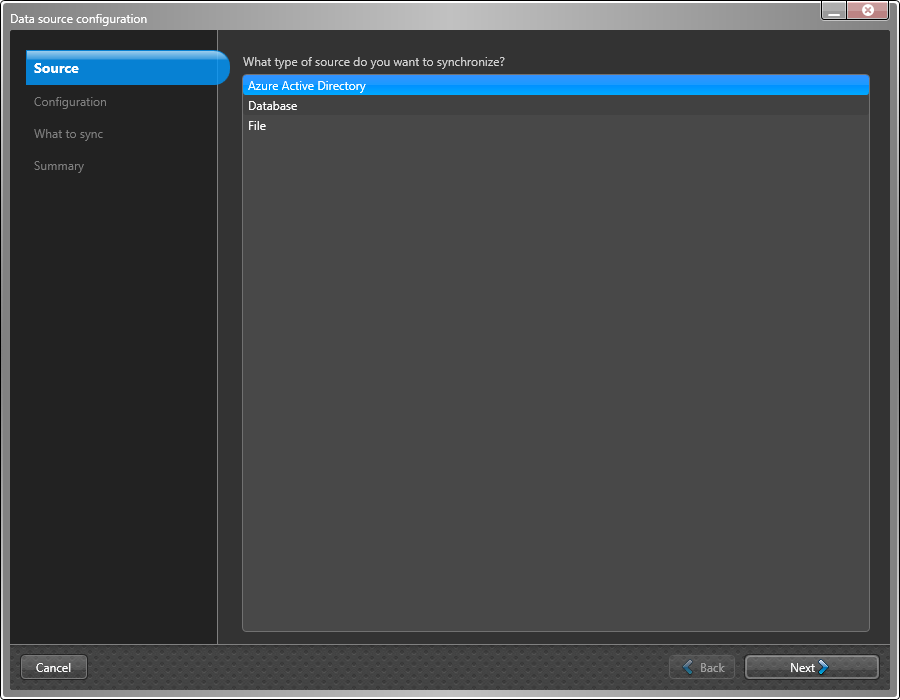 Data source configuration dialog in the ClearID One Identity Synchronization Tool showing Source settings page with Azure Active Directory selected.