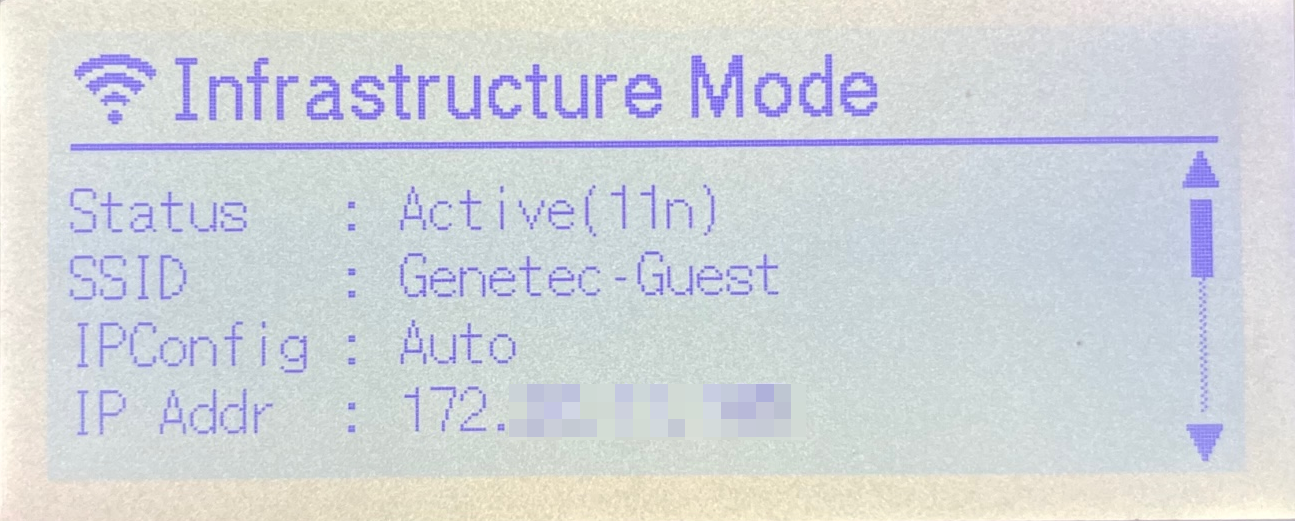 Brother TD-4550DNWB label printer LCD display showing the Infrastructure Mode menu including connection details and status.