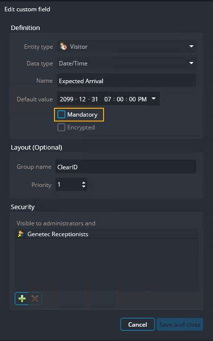 Edit custom field dialog in Genetec Configuration showing the Custom field settings with the Mandatory checkbox highlighted.