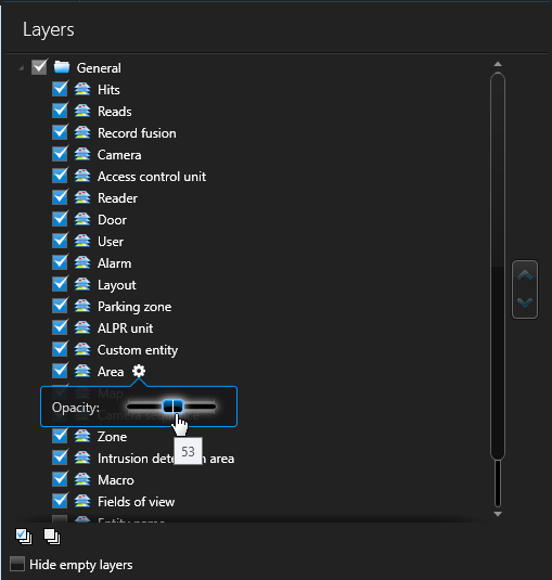 The Layers menu in the Map Designer, with multiple layers selected. The settings menu for the Area layer is open, with the opacity of the layer set to 53.