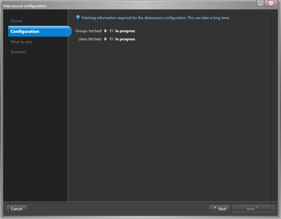 Data source configuration dialog in the ClearID One Identity Synchronization Tool showing data source configuration information for Groups and Users being fetched.