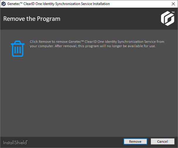 ClearID One Identity Synchronization Tool installation dialog showing Remove the Program information.