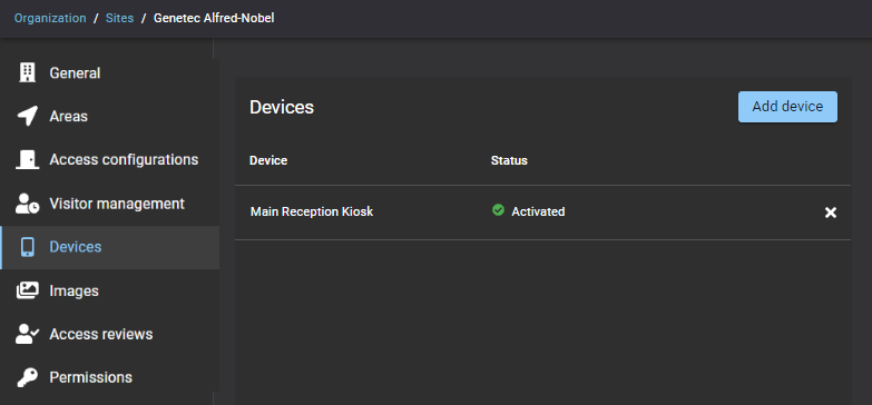 A site page in ClearID showing the Devices tab with a device activated.