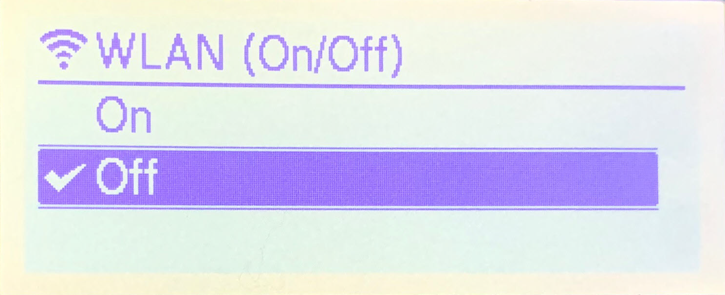 Brother TD-4550DNWB label printer LCD display WLAN menu with WLAN (ON/OFF) turned off.