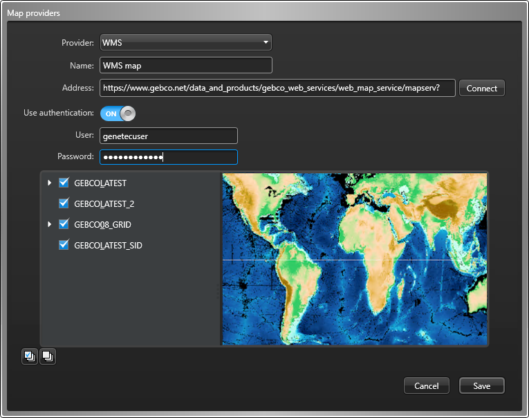 The Map providers window, showing information about a selected map provider.