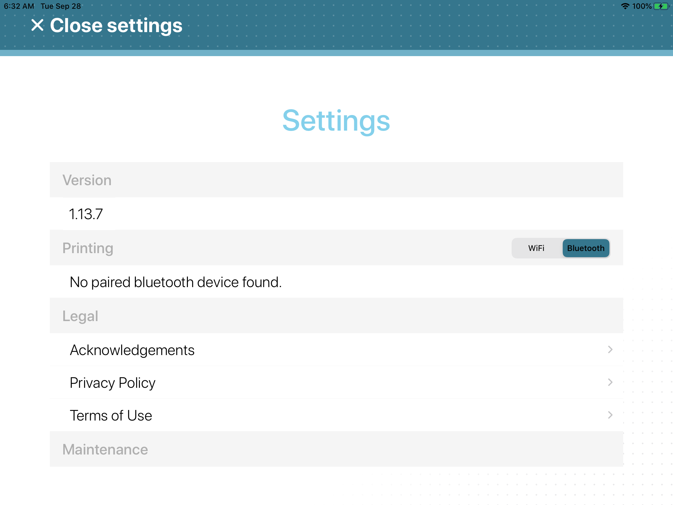 Settings page in the Self-Service Kiosk mobile app with the Bluetooth option selected.