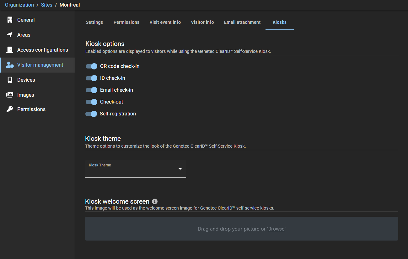 A site page in ClearID showing the visitor management tab kiosk customization options.