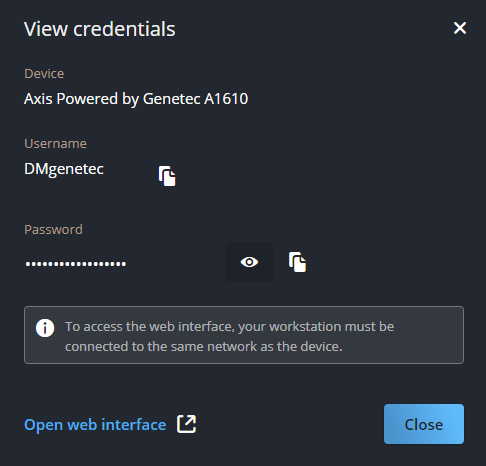 View credentials dialog box opened from the Axis Powered by Genetec Overview page.