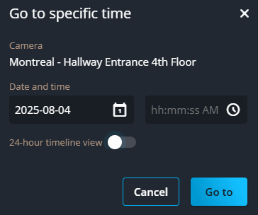 Go to specific time dialog in Genetec Operation showing date and time fields.