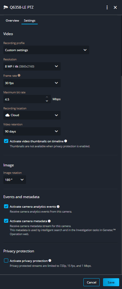 Camera settings tab in Security Center SaaS showing custom settings configuration.