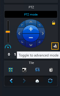 PTZ widget in the Genetec Operation desktop camera sidebar with Toggle to advanced mode highlighted.