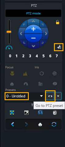 PTZ widget in Genetec Operation desktop with Advanced mode, Presets list, and Go to PTZ preset highlighted.