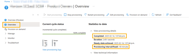 Microsoft Entra ID provisioning status page showing the last time synchronization occurred and the provisioning interval.
