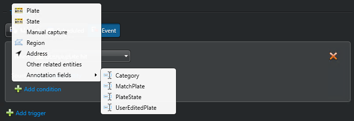 Available conditions for a "License plate hit" event.